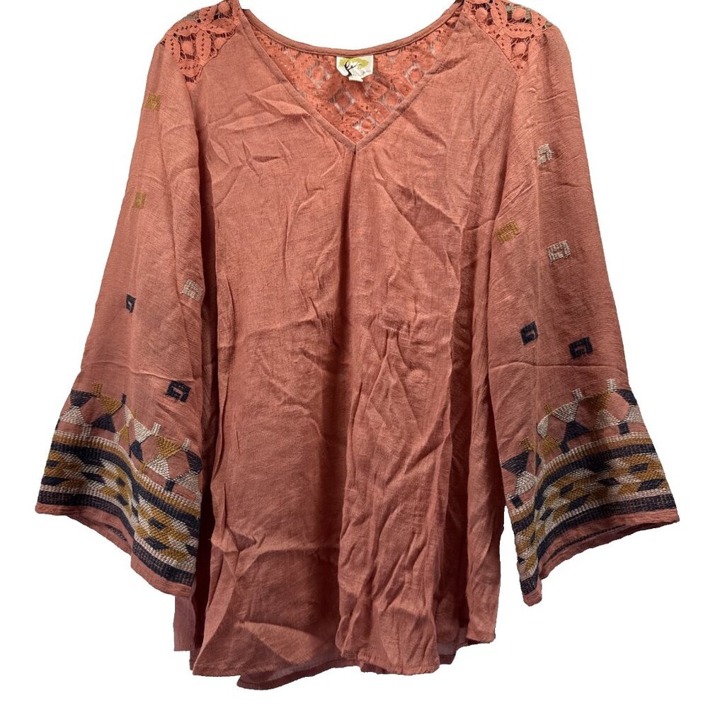 Fig &‎ Flower Women Top Large Embroidered Lace V Neck 3/4 Sleeve Blouse Pink